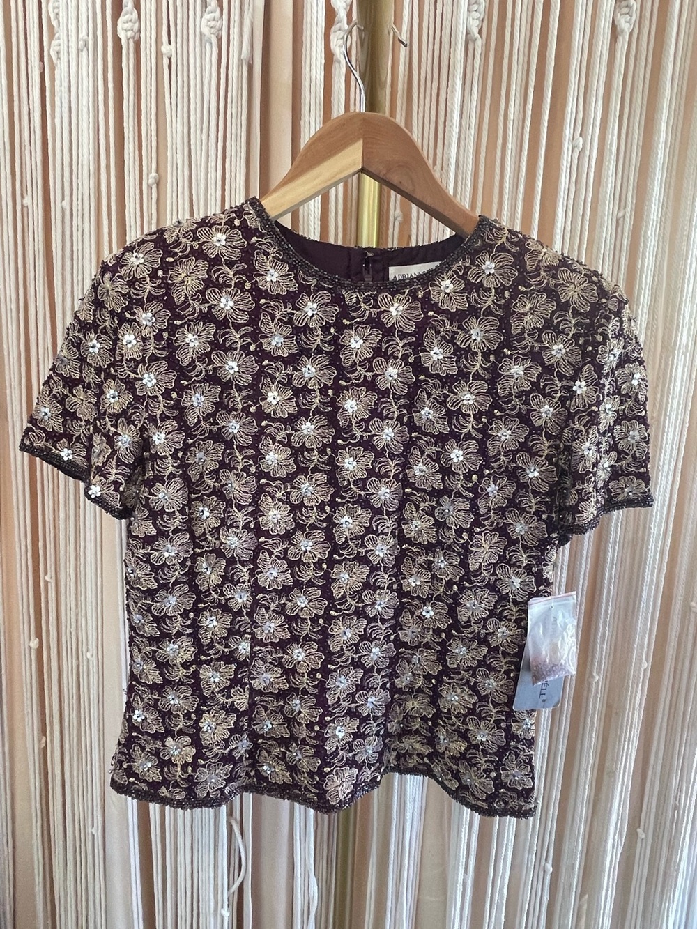 NWT vintage Adrianna Papell beaded silk short-sleeve floral top burgundy gold